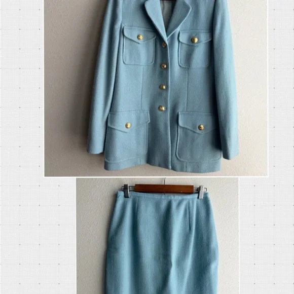 Neiman Marcus Wool Blend Light Blue Tweed Skirt Suit Luxury Blazer 8 Skirt 10 - Picture 14 of 16